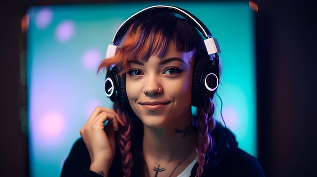 A woman wearing headphones in front of a neon sign that says'music is the best '