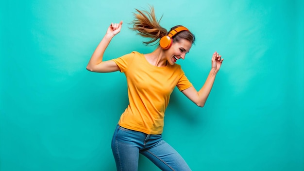 Photo a woman wearing headphones and a green background with a green background