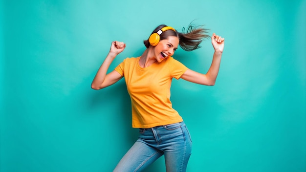 a woman wearing headphones and a green background with the words quot she is happy quot