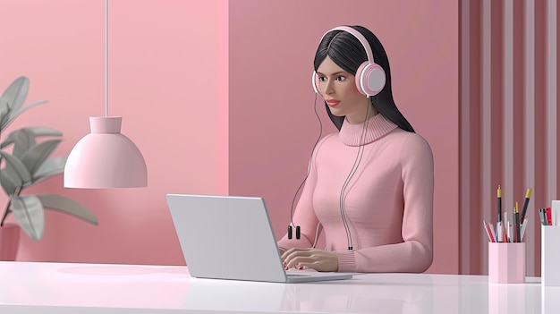 a woman wearing headphones and a headset with a white laptop