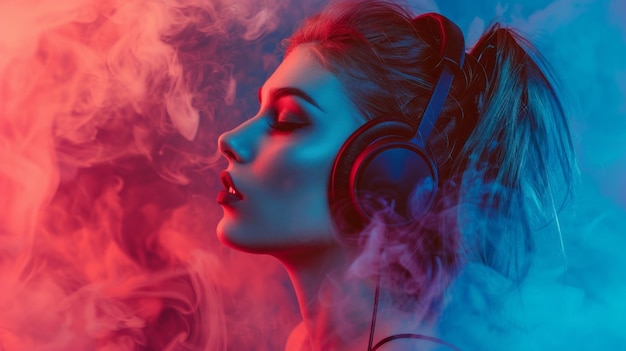 A woman wearing headphones is listening to music while surrounded by smoke