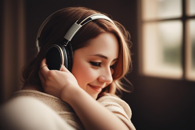 A woman wearing headphones is listening to music.