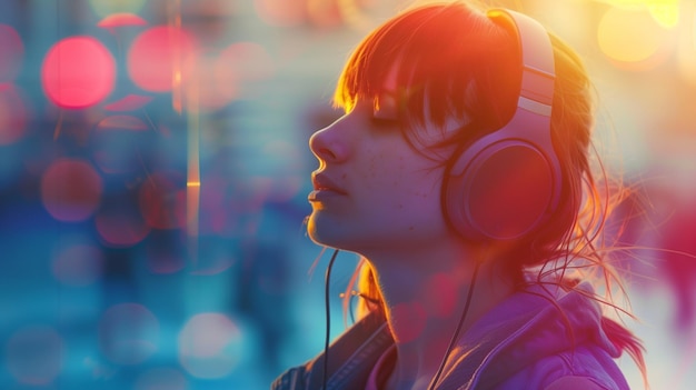 A woman wearing headphones is sitting in a city