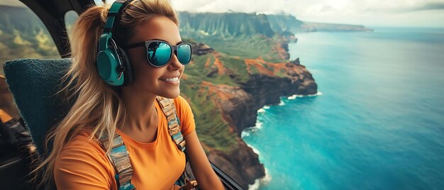 Photo a woman wearing headphones is sitting on a cliff overlooking the ocean