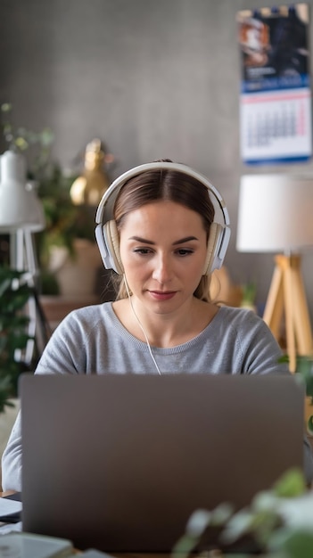 Photo a woman wearing headphones is sitting at a desk in front of a laptop