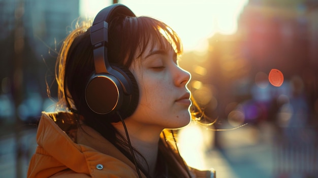 A woman wearing headphones is sitting on a sidewalk