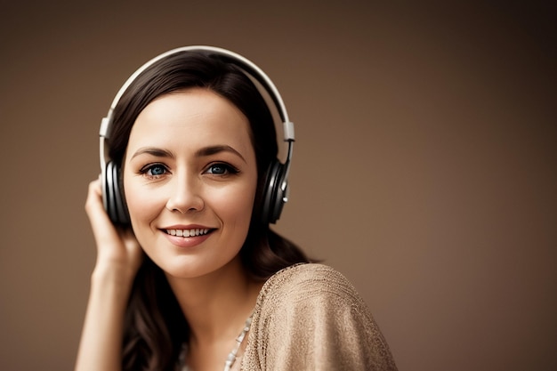 A woman wearing headphones is smiling and wearing a brown background.