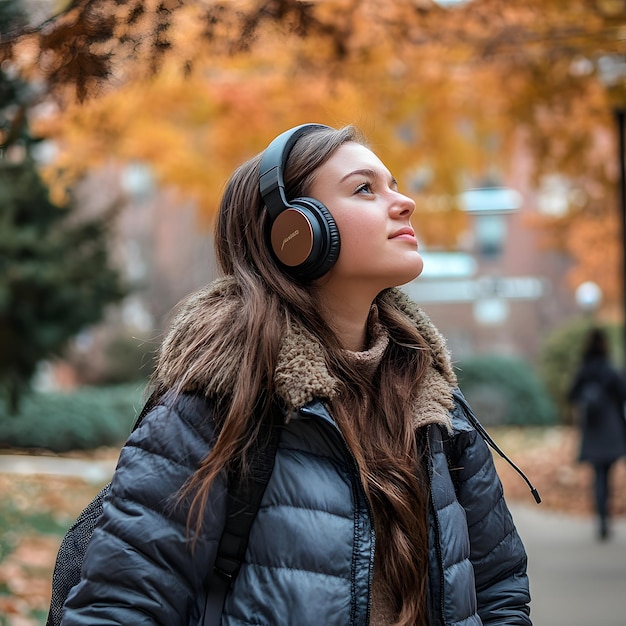 Photo a woman wearing headphones and a jacket with the word  on it