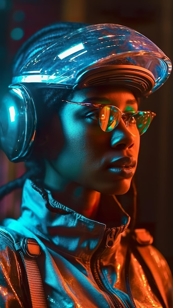 A woman wearing headphones and a leather jacket Generative AI image