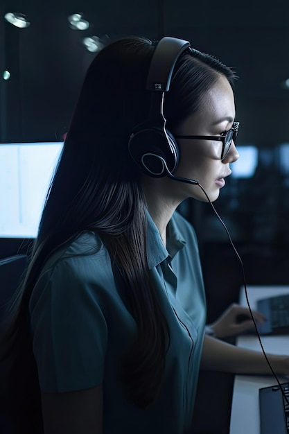 A woman wearing headphones looking at a computer screen