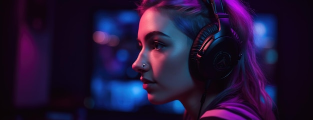 A woman wearing headphones in a music studio