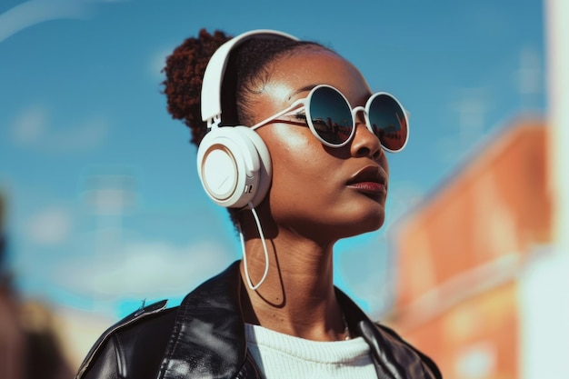 A woman wearing headphones and a pair of sunglasses