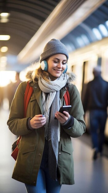 a woman wearing headphones and a scarf is looking at her phone