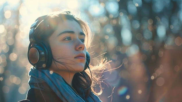 A woman wearing headphones and a scarf