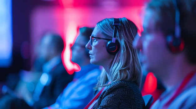 A woman wearing headphones sits in an audience