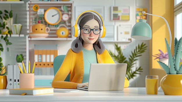 a woman wearing headphones sits at a desk with a laptop and a clock in the background