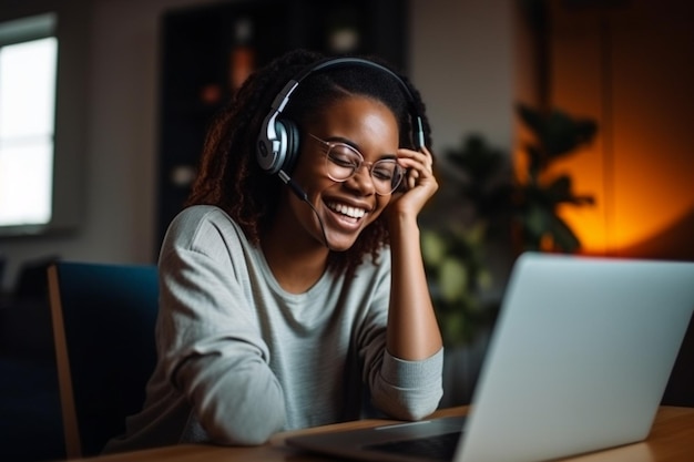 A woman wearing headphones sits at a desk with a laptop in front of her.