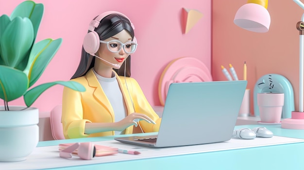 a woman wearing headphones sits in front of a laptop computer