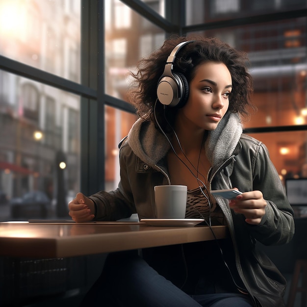 a woman wearing headphones sits at a table with a cup of coffee