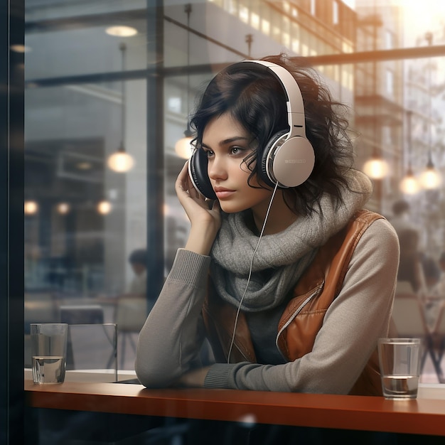 a woman wearing headphones sits at a table with a cup of coffee