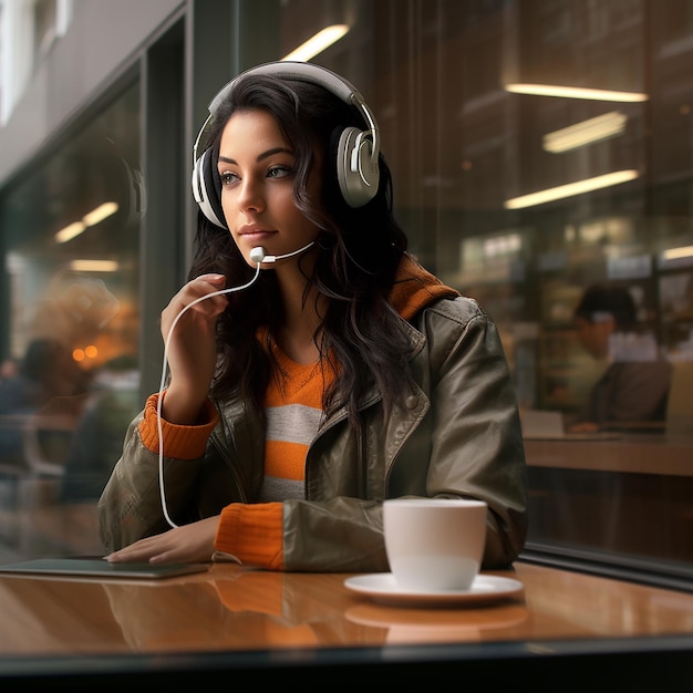 a woman wearing headphones sits at a table with a cup of coffee