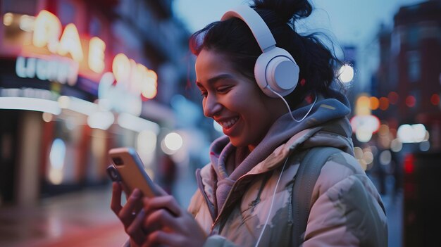 Photo a woman wearing headphones smiles while looking at her phone