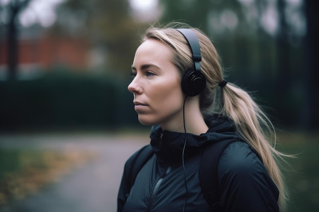 A woman wearing headphones walks down a street.