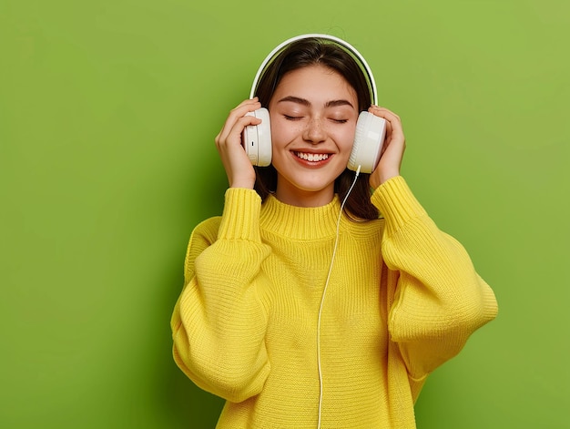 a woman wearing headphones with a green background