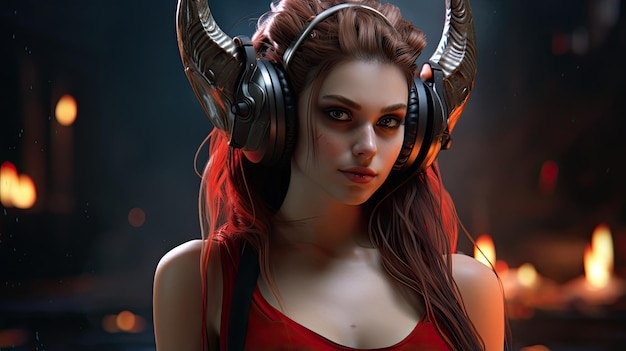 a woman wearing headphones with horns