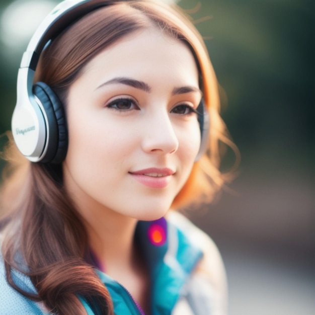 a woman wearing headphones with a red light in the background.