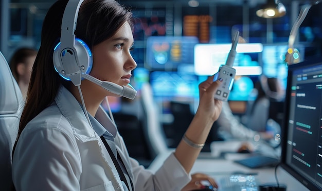 a woman wearing headphones with the word  on it