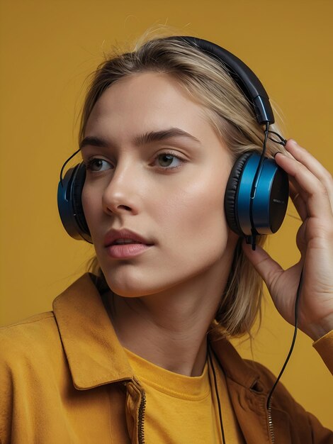 Photo a woman wearing headphones with a yellow background