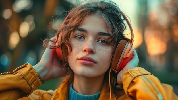 A woman wearing headphones and a yellow jacket