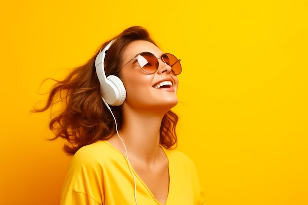 Woman wearing headphones and yellow shirt smiles Generative AI