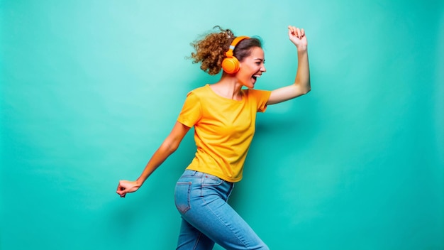 Photo a woman wearing headphones and a yellow shirt with the words quot i love you quot on the back