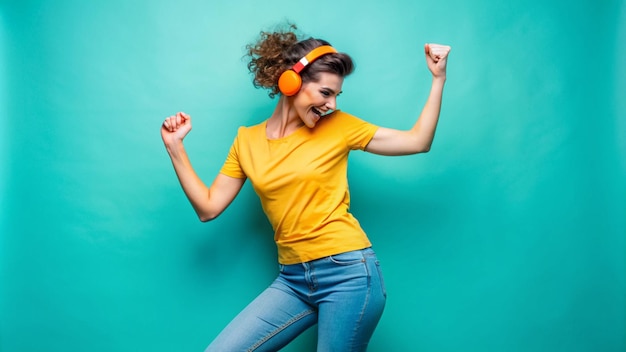 Photo a woman wearing headphones and a yellow shirt with the words quot she is happy quot