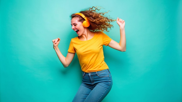 Photo a woman wearing headphones and a yellow shirt with the words quot she is wearing a yellow shirt quot