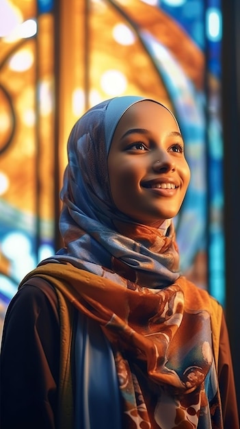 A woman wearing a headscarf standing in front of a stained glass window generative ai image