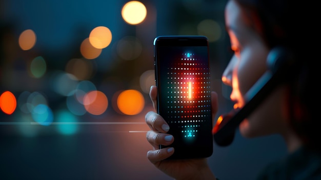 Photo woman wearing headset holding smartphone with pixelated face on screen illustrating digital