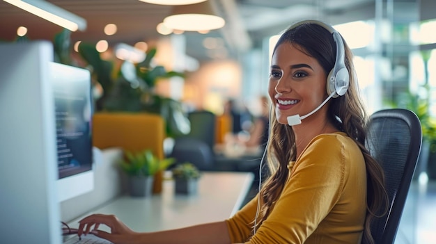 A woman wearing a headset is smiling while working on a computer