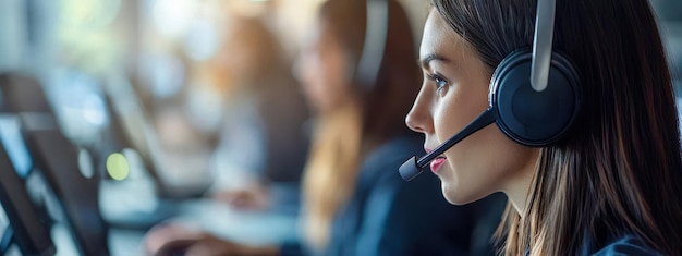 A woman wearing a headset is talking on the phone a phone conversation customer service