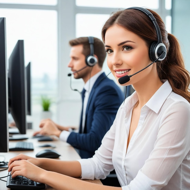 Photo a woman wearing a headset and a man in a suit is sitting behind a computer monitor