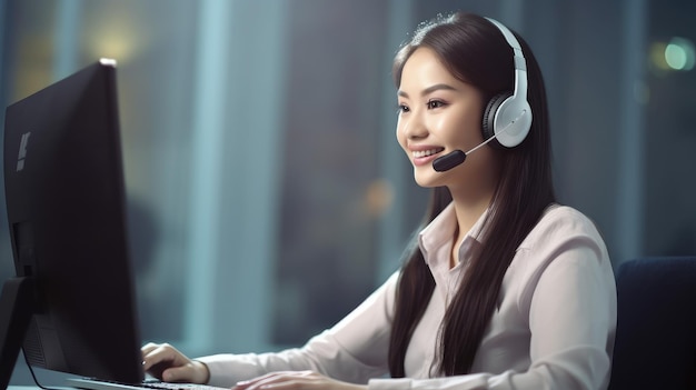 A woman wearing a headset sits in front of a computer.