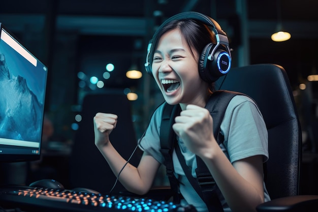 A woman wearing a headset smiles at the camera while playing a video game.