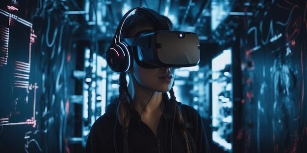 A woman wearing a headset stands in front of a dark background.