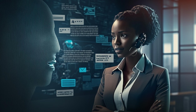 A woman wearing a headset stands in front of a screen that says'cybercrime'on it