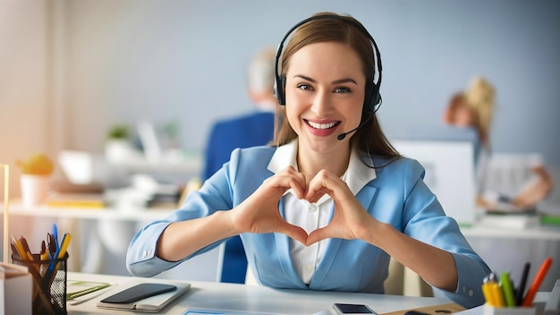 Photo woman wearing a headset with a heart shape on her head and making a heart with her hands