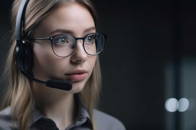 A woman wearing a headset with a microphone on her head