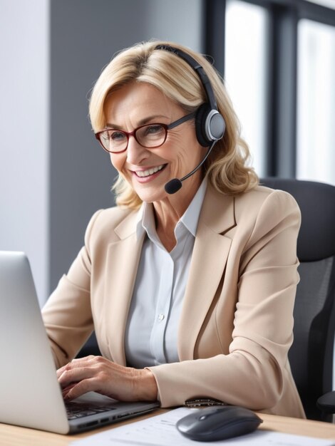 Photo a woman wearing a headset with a microphone and wearing a headset