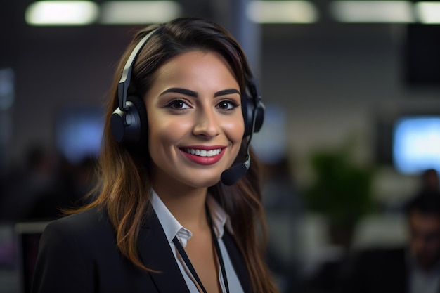 Photo a woman wearing a headset with a name tag on it